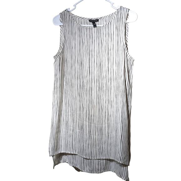 Eileen Fisher Linear Printed Silk Bateau Neck Long Shell Bone/Black Womens Sz XS - Picture 1 of 9